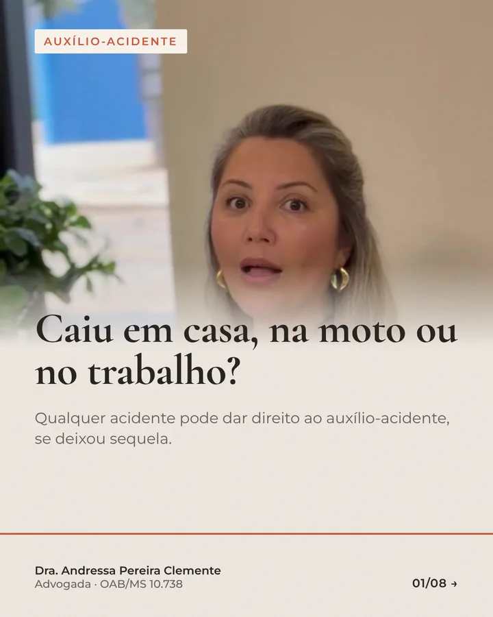 Foto real da Dra. Andressa com a pergunta: caiu em casa, na moto ou no trabalho?