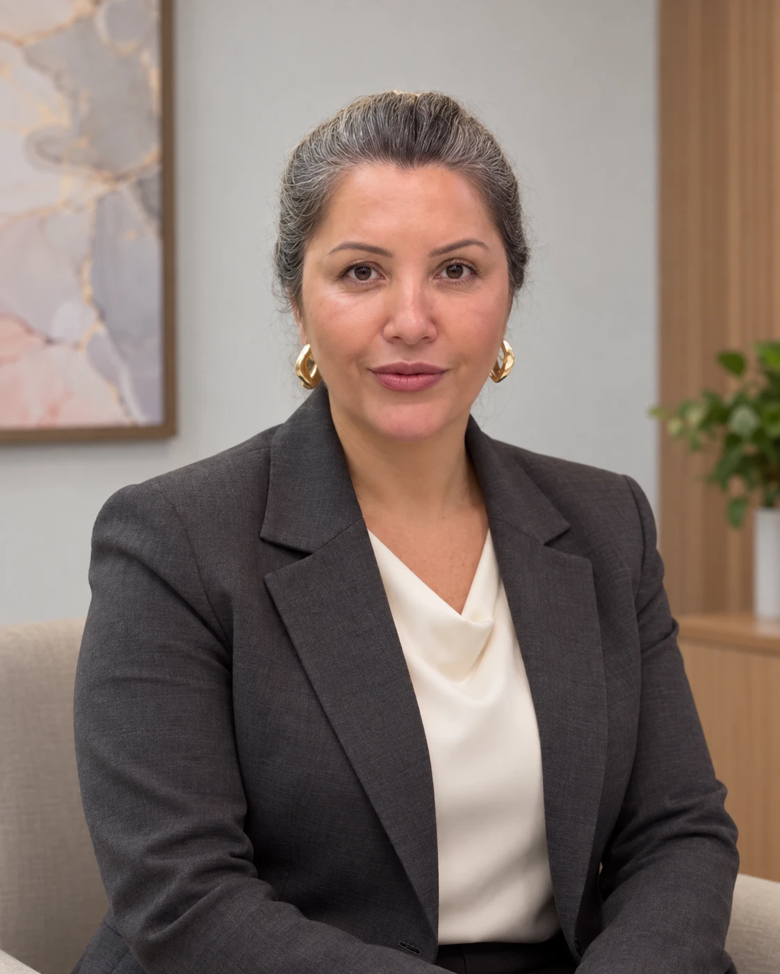Retrato profissional renderizado da Dra. Andressa Pereira Clemente, com blazer cinza.